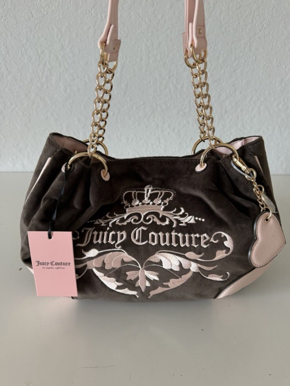 Juicy Couture Dreaming of Juicy Velour Satchel Gold Chain Heart Charm Chocolate